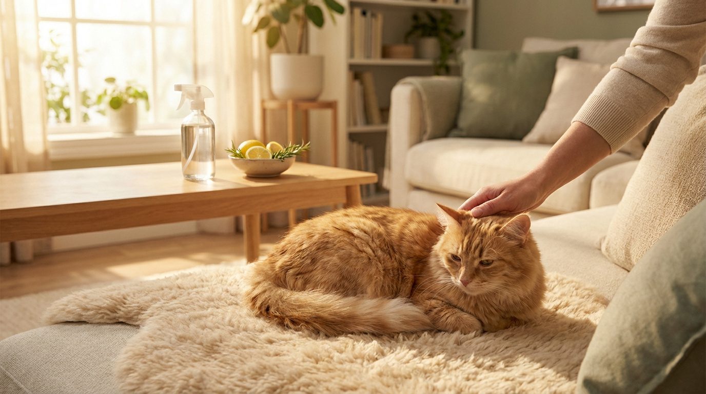 Main caressant un chat roux sur un plaid. Vaporisateur et bol de citrons sur une table évoquent des solutions anti-puces naturelles.