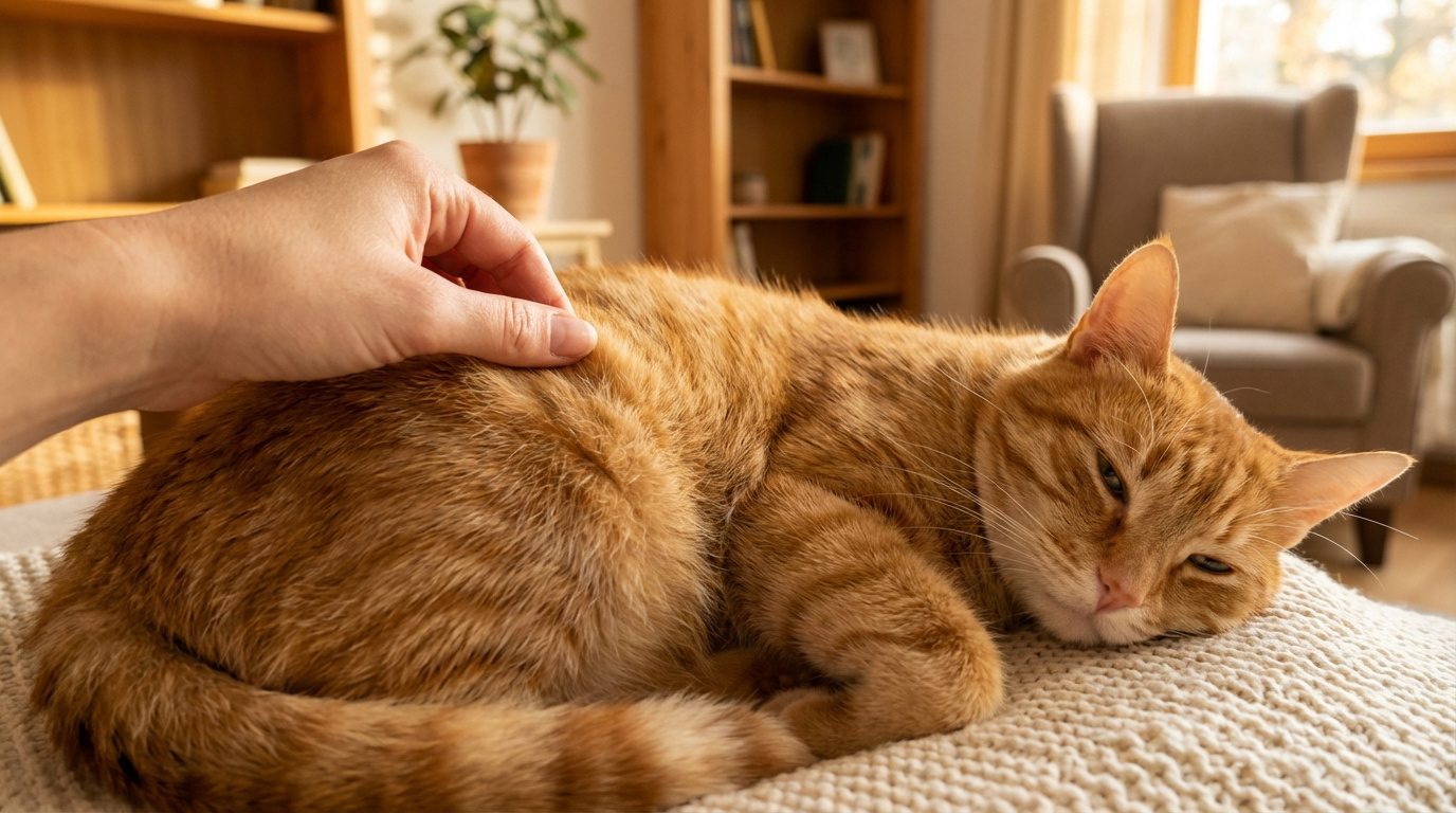 Gros plan d'une main inspectant le pelage d'un chat roux couché, cherchant des signes de puces dans un intérieur chaleureux.