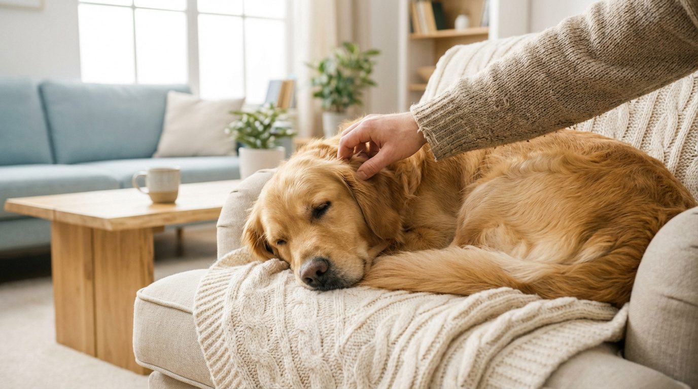 Un golden retriever endormi, caressé par une main humaine, sur un canapé confortable dans un salon ensoleillé.