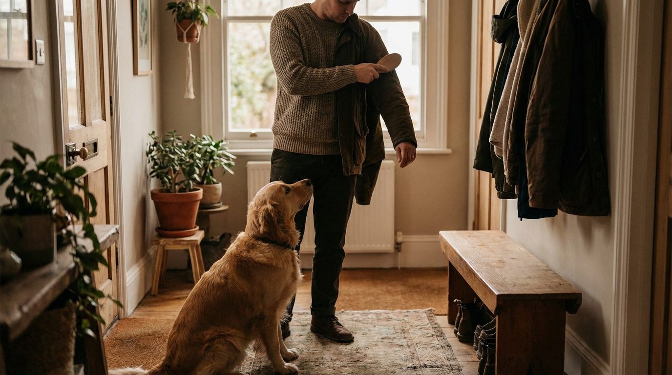 Homme brossant sa veste près de son golden retriever attentif dans un couloir avec des plantes et des manteaux accrochés.