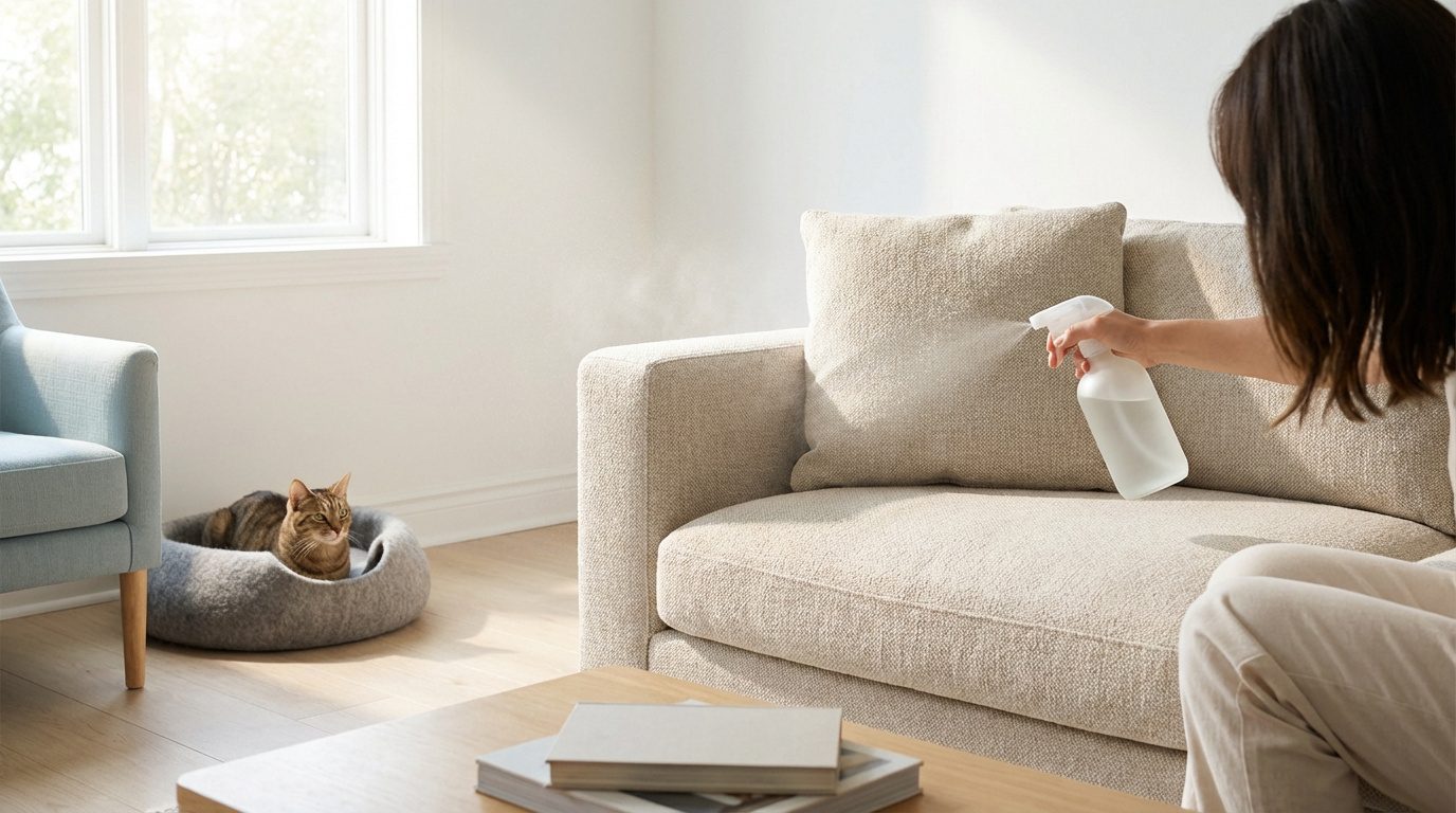 Une femme pulvérise un produit sur un canapé clair. Un chat tigré est couché dans son panier, observant la scène près d'une fenêtre.