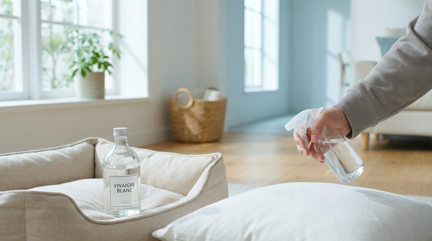 Main vaporisant du vinaigre blanc sur un coussin près d'un panier pour animaux. Bouteille de vinaigre sur le lit. Intérieur clair.