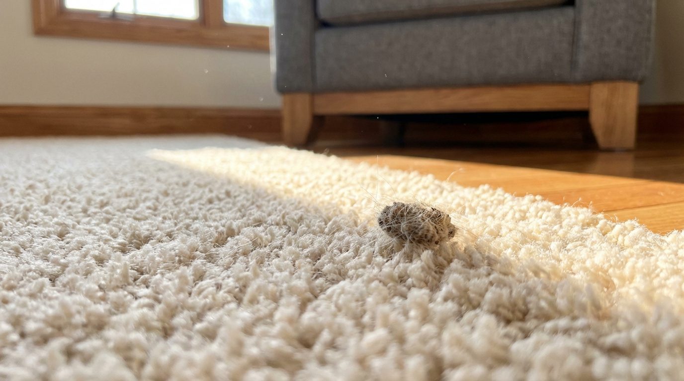 Boule de poussière sur tapis beige et moelleux, éclairée par le soleil. Un canapé gris et un parquet sont en arrière-plan.