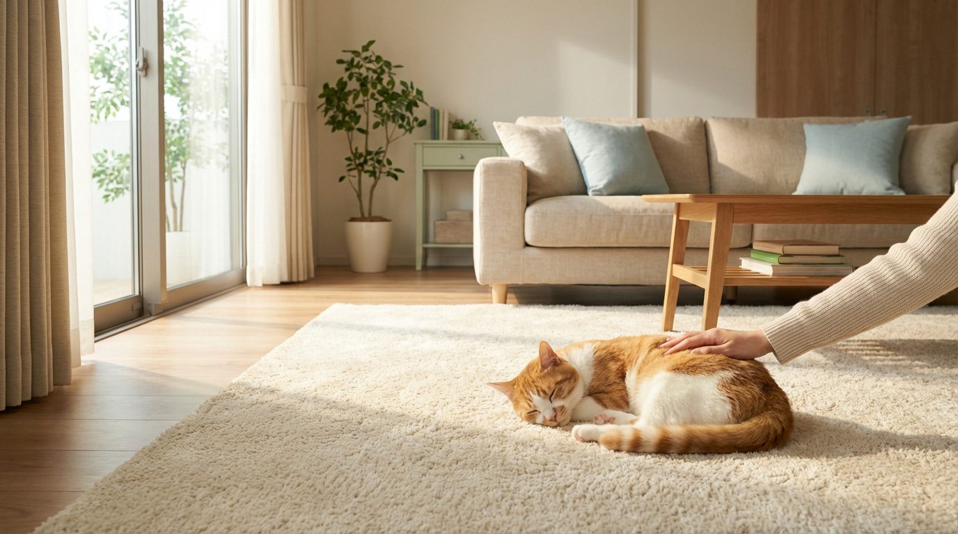 Chat roux et blanc endormi sur un tapis moelleux et clair, caressé par une main, dans un salon moderne et lumineux.