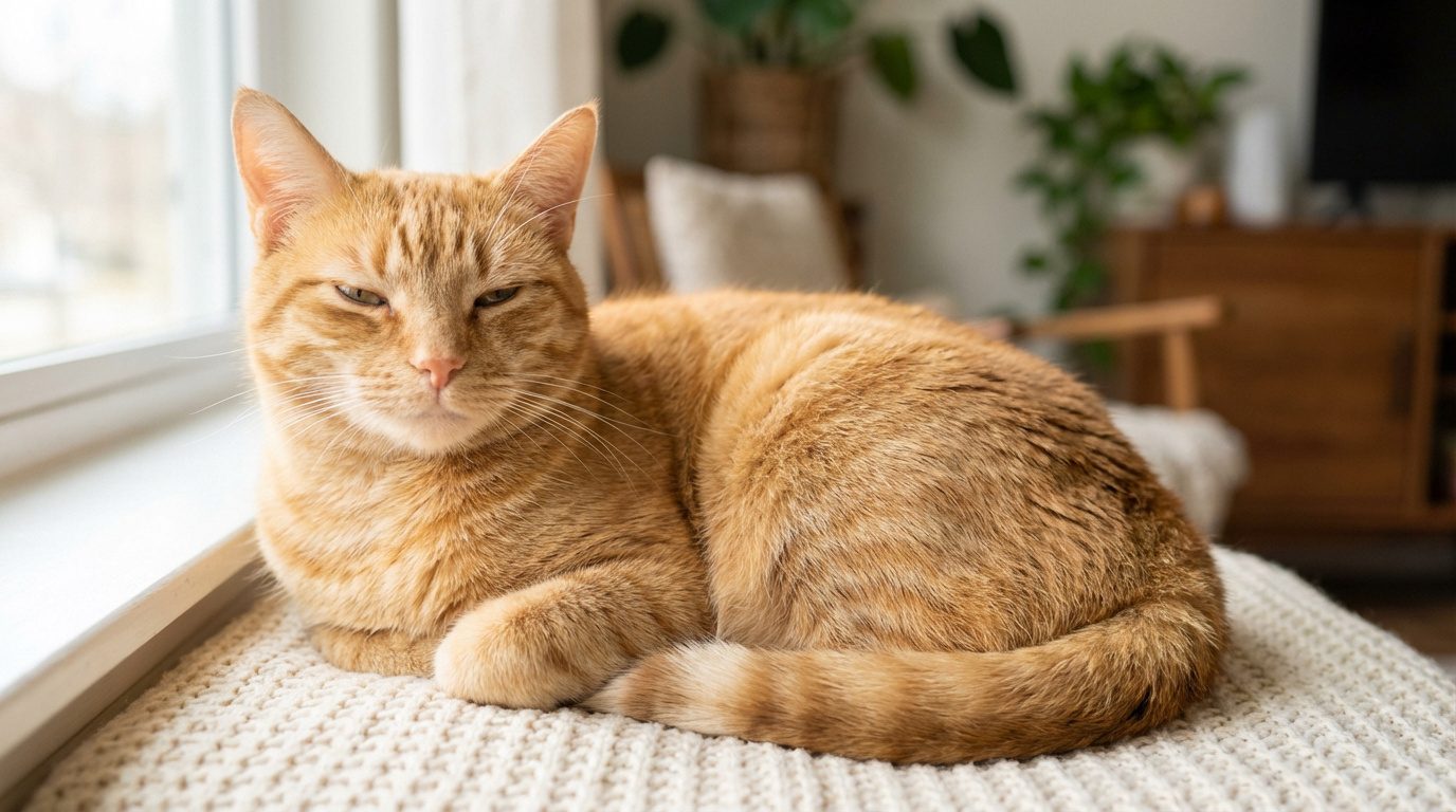 Chat tigré roux aux yeux mi-clos, allongé sur un plaid crème près d'une fenêtre. Il semble paisible et détendu dans un intérieur lumineux.