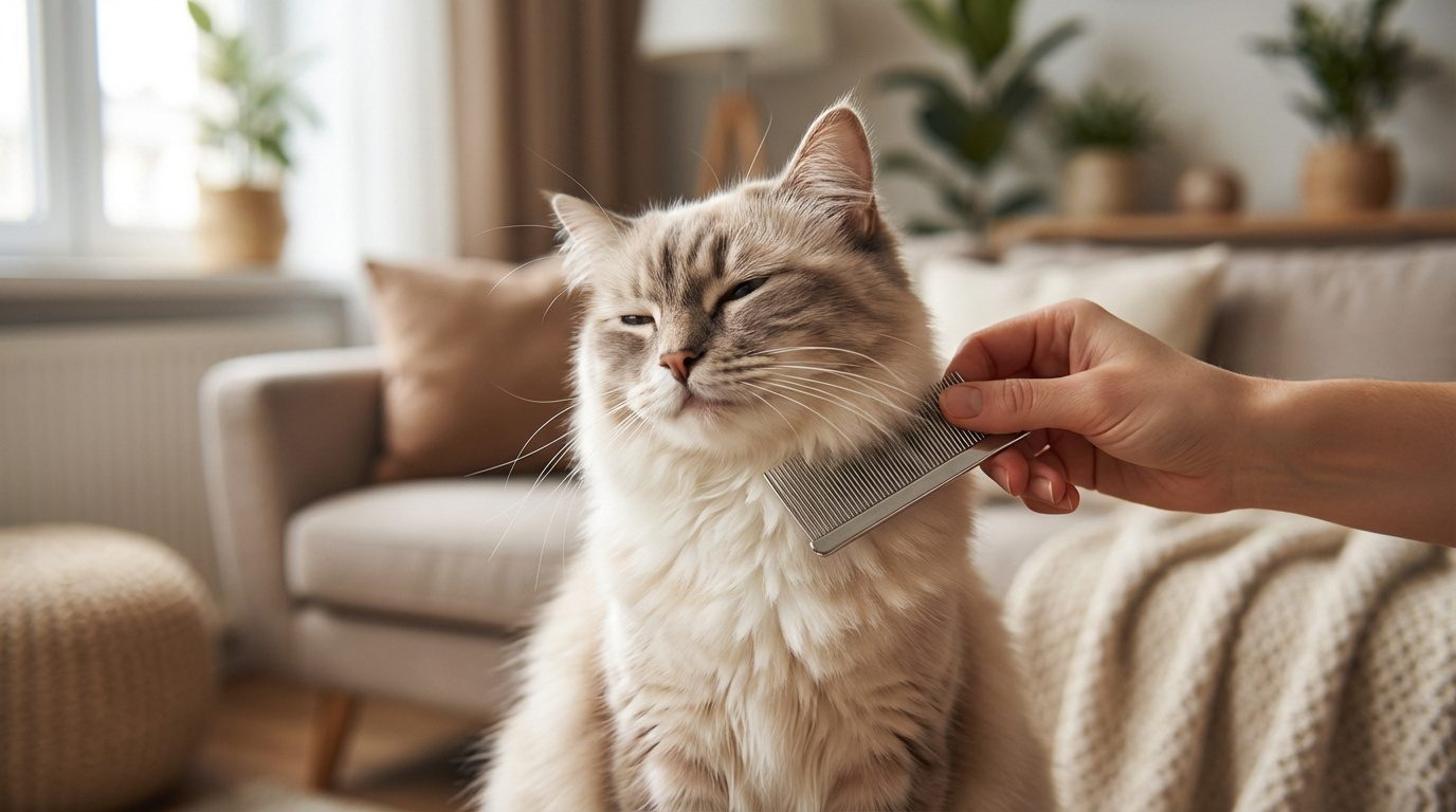 Main peignant un chat crème et gris avec un peigne fin. Le chat a les yeux mi-clos, l'air apaisé. Contexte: retrait des puces.
