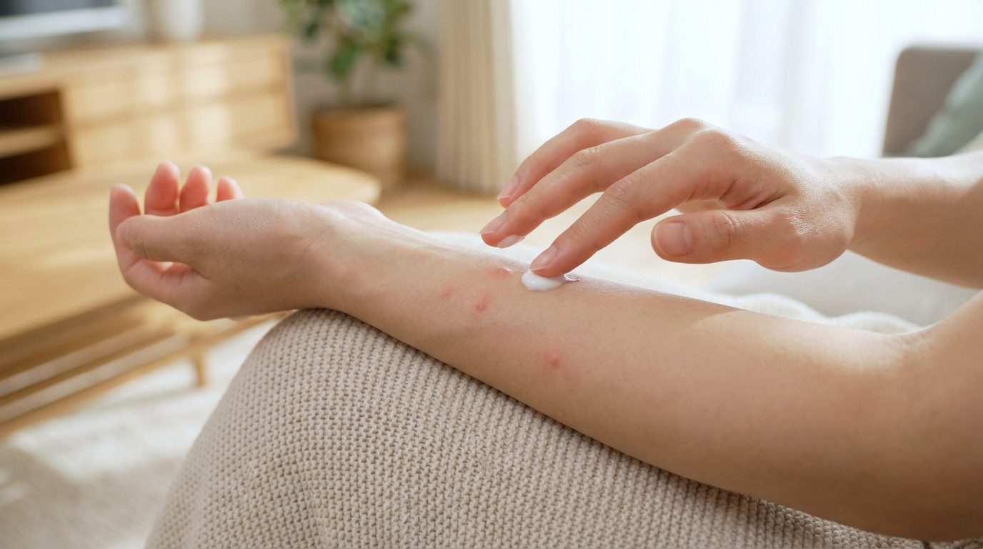 Gros plan sur un bras présentant plusieurs piqûres rouges. Une main applique une crème blanche apaisante sur une morsure.