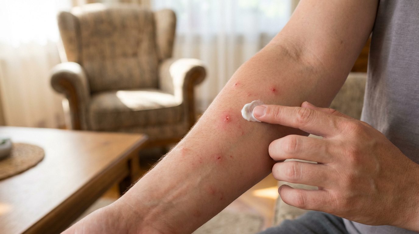 Bras humain présentant des piqures de puce rouges. Une main applique une crème apaisante sur une piqure, dans un intérieur flou.